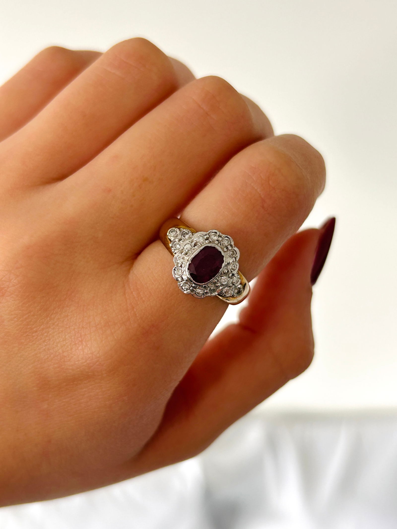 Chunky Vintage 9ct White and Yellow Gold Ruby and Diamond Cluster Ring - 7