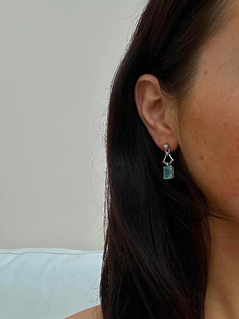 Aquamarine Diamond and Pearl 18ct White Gold Drop Earrings - 2