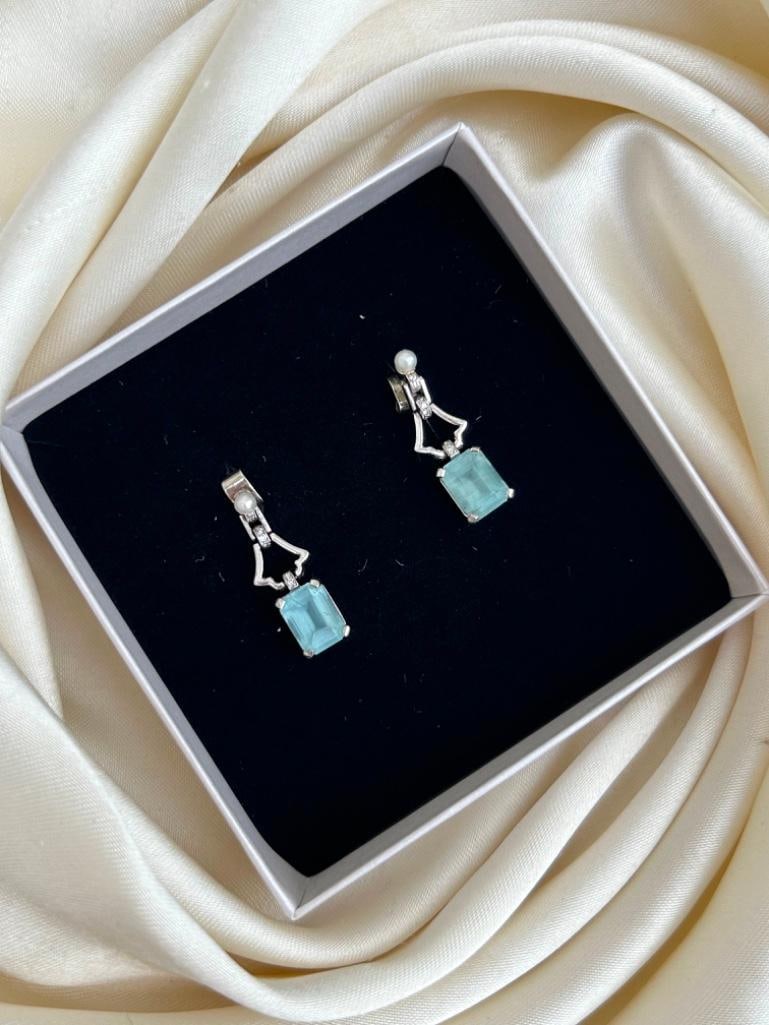 Aquamarine Diamond and Pearl 18ct White Gold Drop Earrings - 5