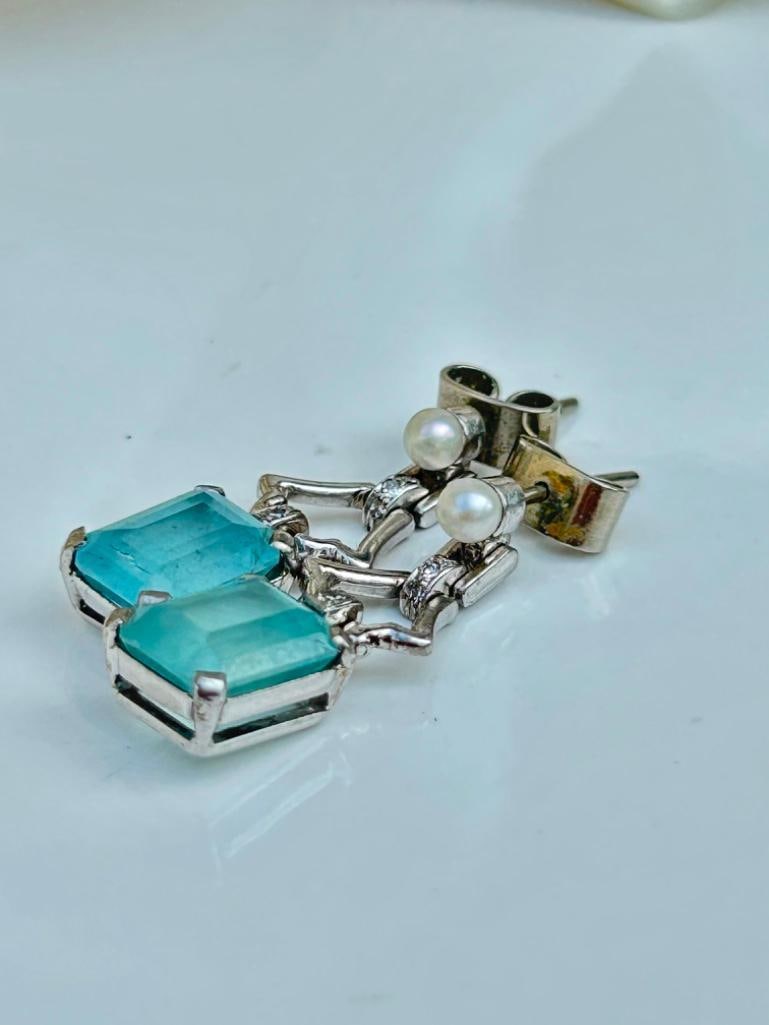 Aquamarine Diamond and Pearl 18ct White Gold Drop Earrings - 6