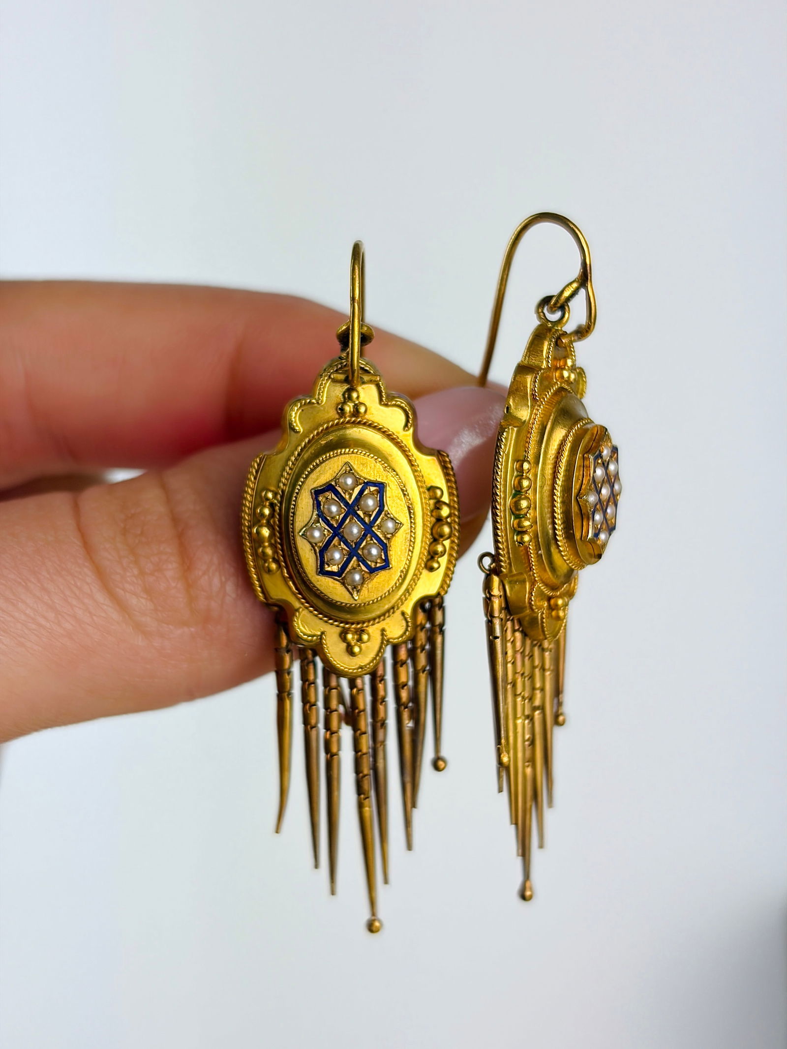 Antique 15ct yellow gold pearl , enamel and diamond fringe earrings and brooch boxed set - 4