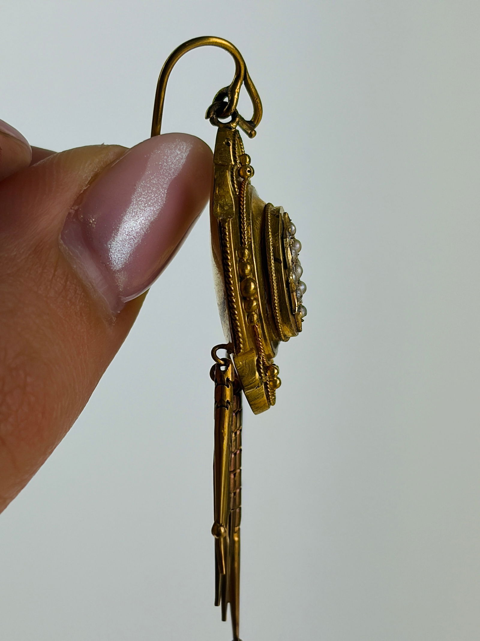 Antique 15ct yellow gold pearl , enamel and diamond fringe earrings and brooch boxed set - 6