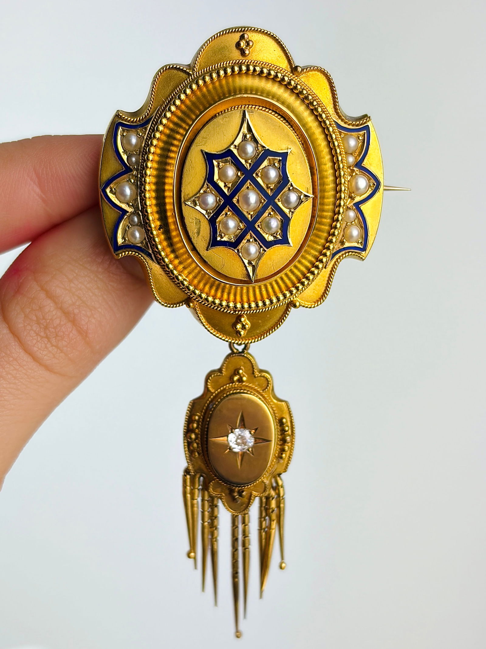 Antique 15ct yellow gold pearl , enamel and diamond fringe earrings and brooch boxed set - 7