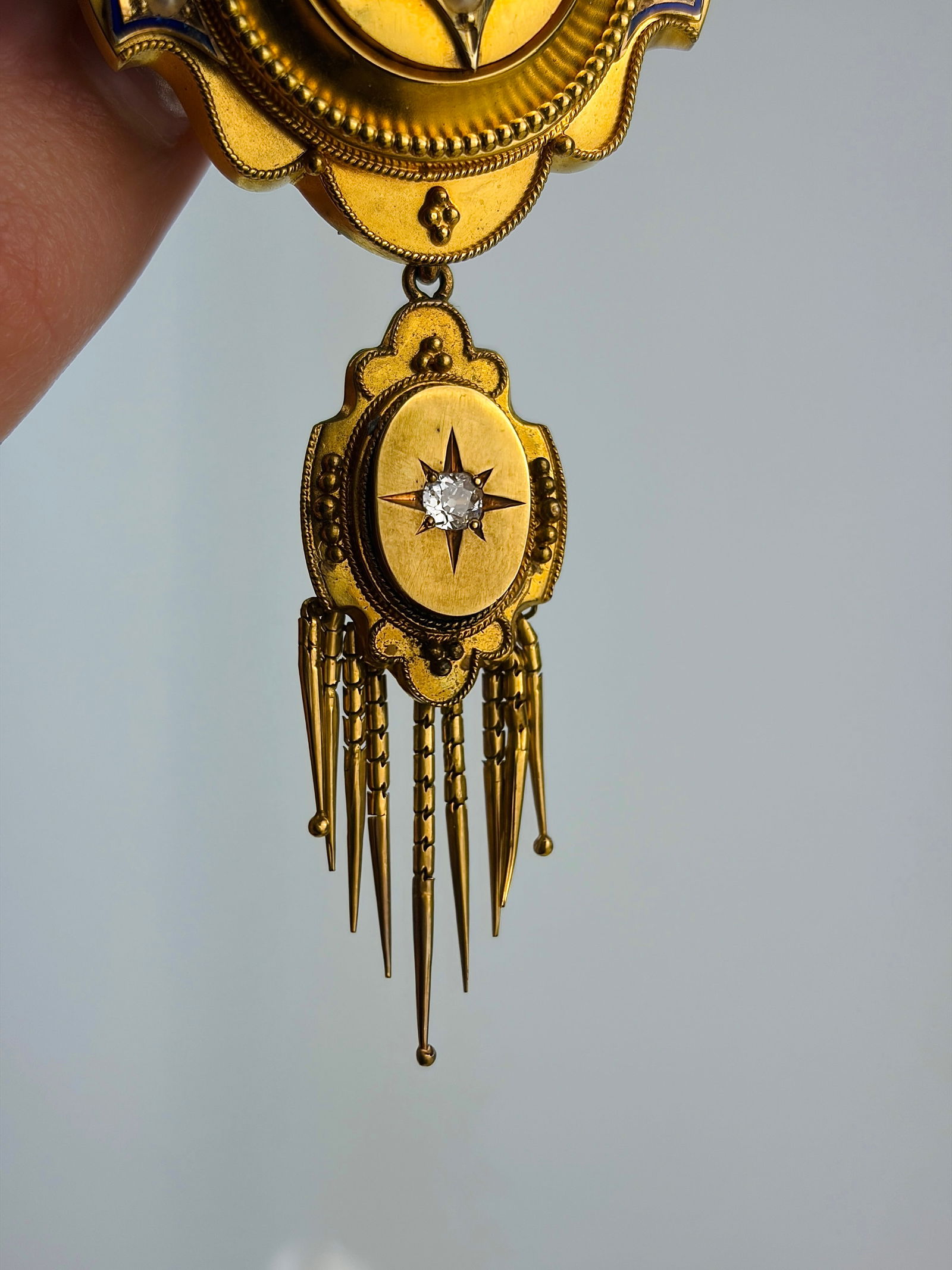 Antique 15ct yellow gold pearl , enamel and diamond fringe earrings and brooch boxed set - 8