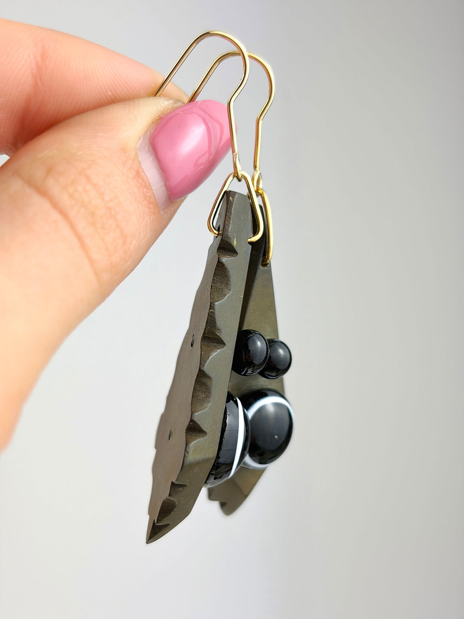 ANTIQUE 9CT GOLD BANDED AGATE DROP EARRINGS - 2