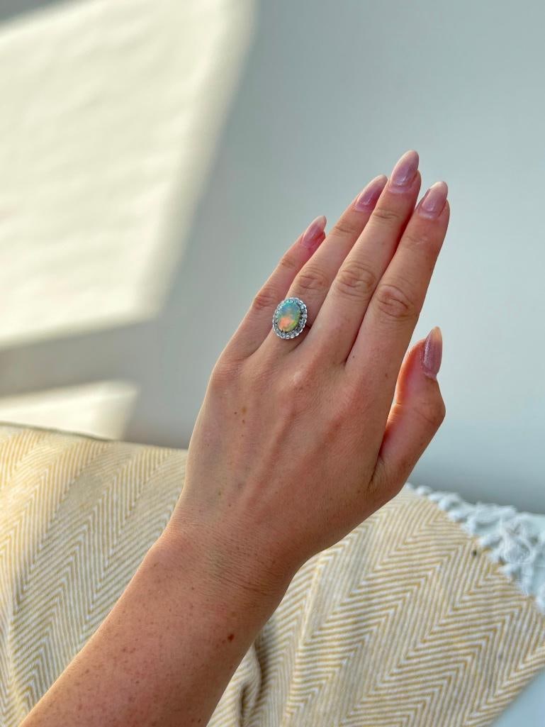 Antique 18ct White Gold Platinum Opal and Diamond Ring - 4