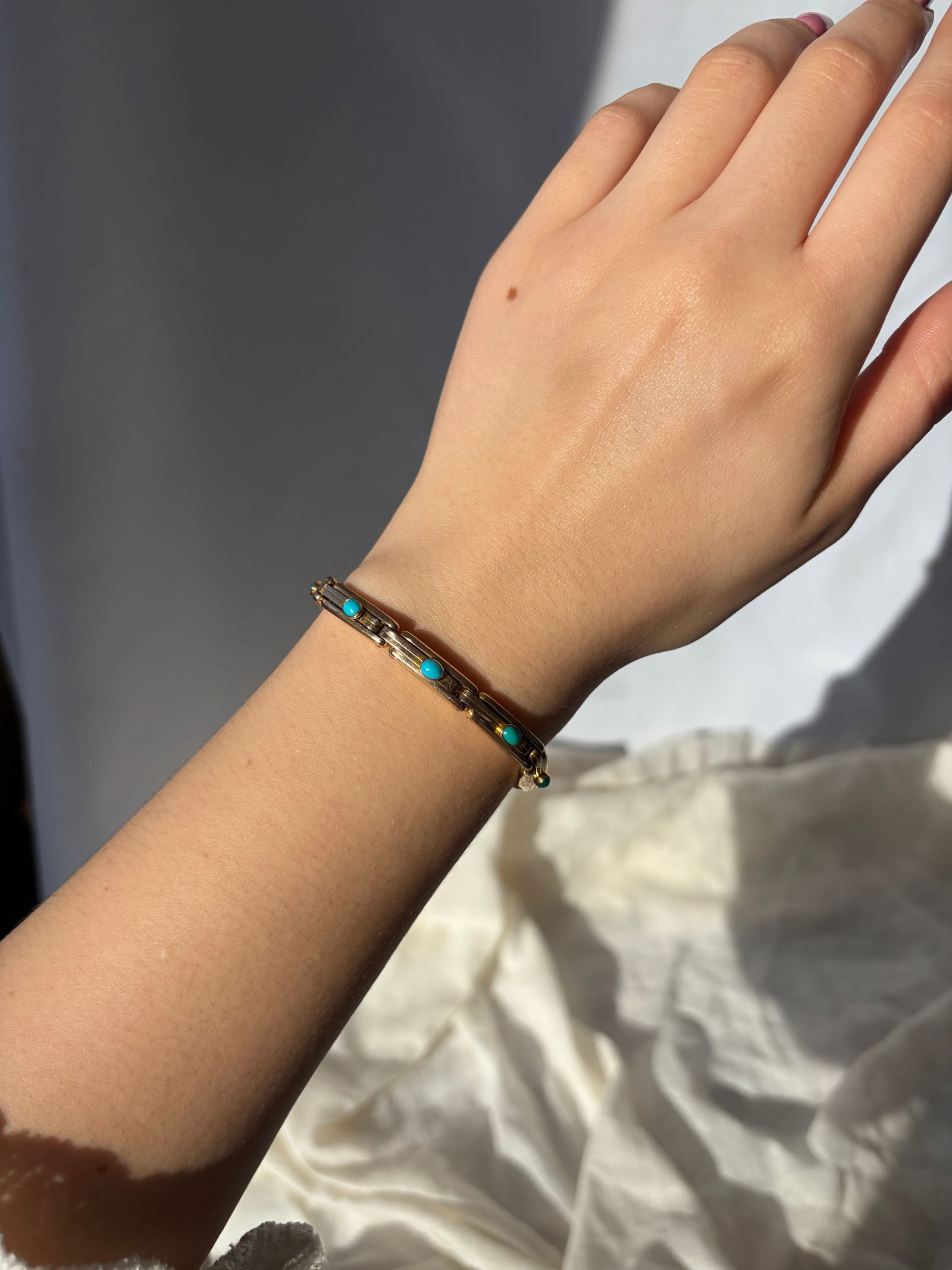 CHUNKY VINTAGE 9CT YELLOW GOLD TURQUOISE BRACELET - 2