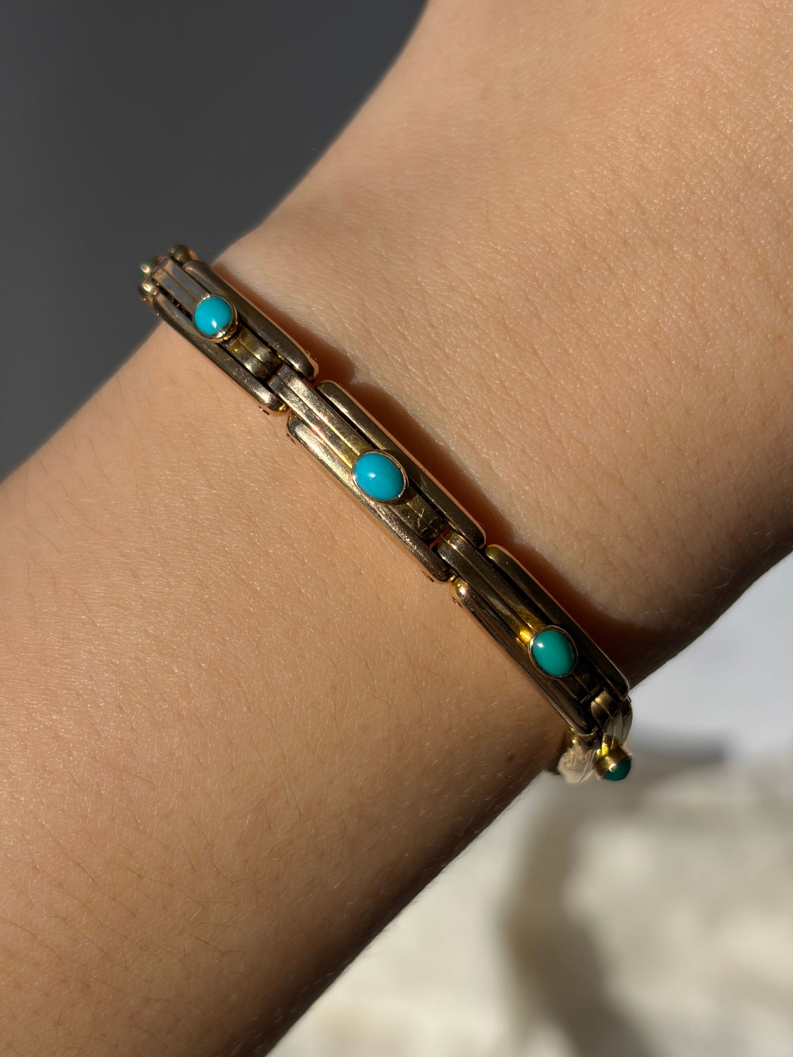 CHUNKY VINTAGE 9CT YELLOW GOLD TURQUOISE BRACELET - 3