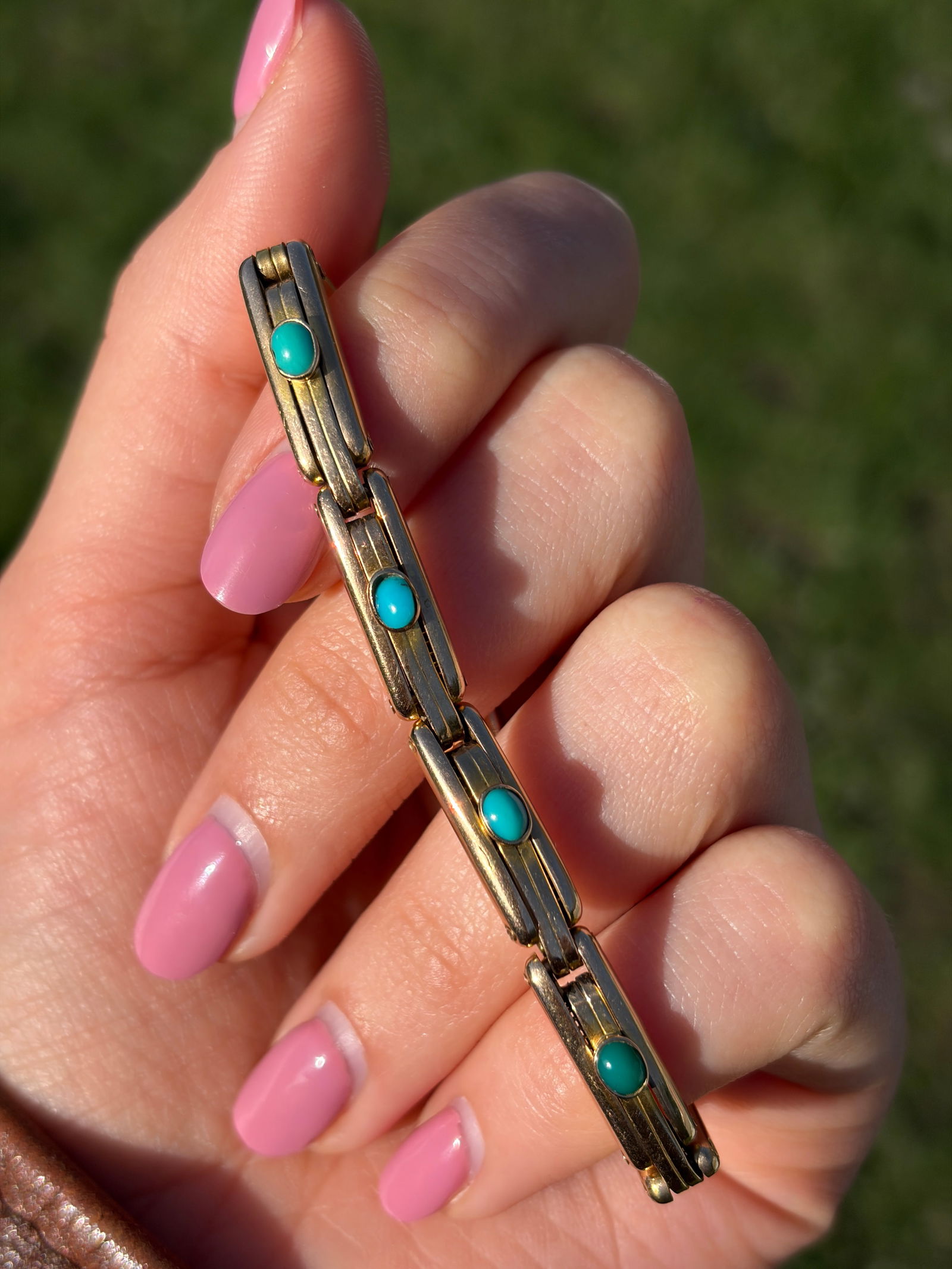 CHUNKY VINTAGE 9CT YELLOW GOLD TURQUOISE BRACELET - 4