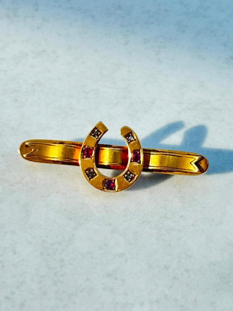 Antique 18ct Yellow Gold Ruby and Diamond Horseshoe Brooch in Antique Box - 4