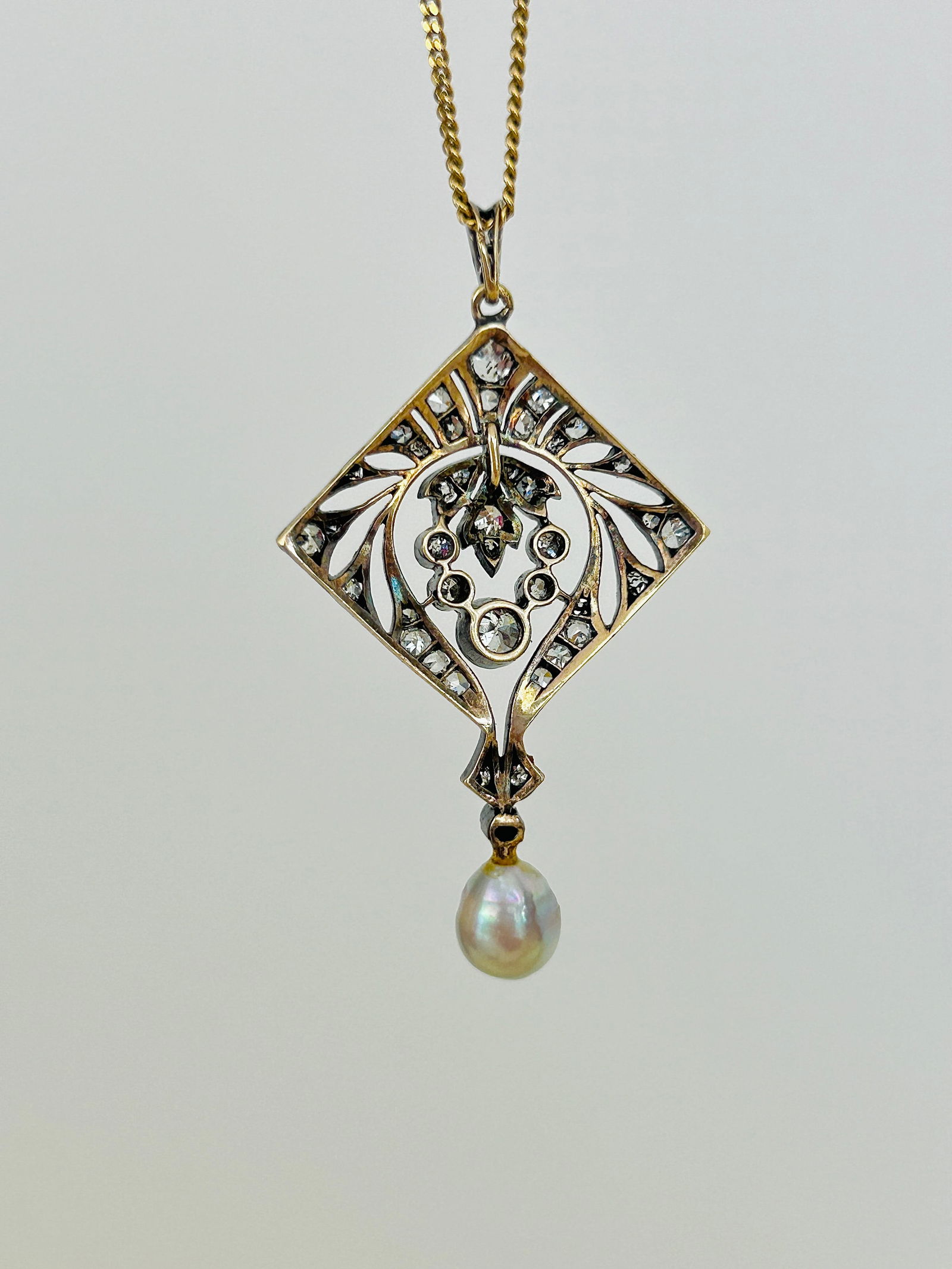Antique Belle Epoque Diamond and Pearl Drop Pendant - 3