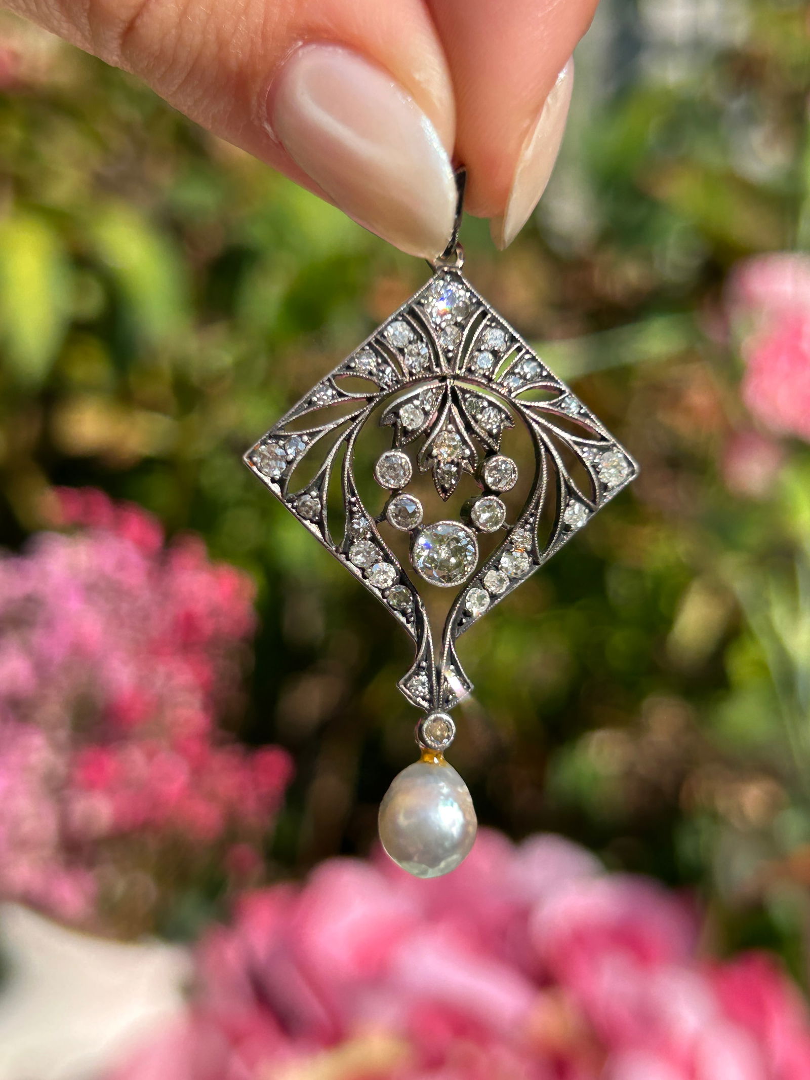 Antique Belle Epoque Diamond and Pearl Drop Pendant - 9
