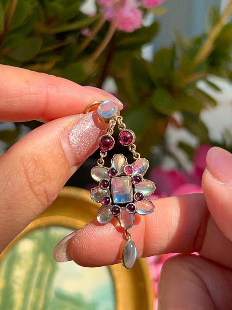*Antique Moonstone and Ruby Gold Drop Pendant - 12