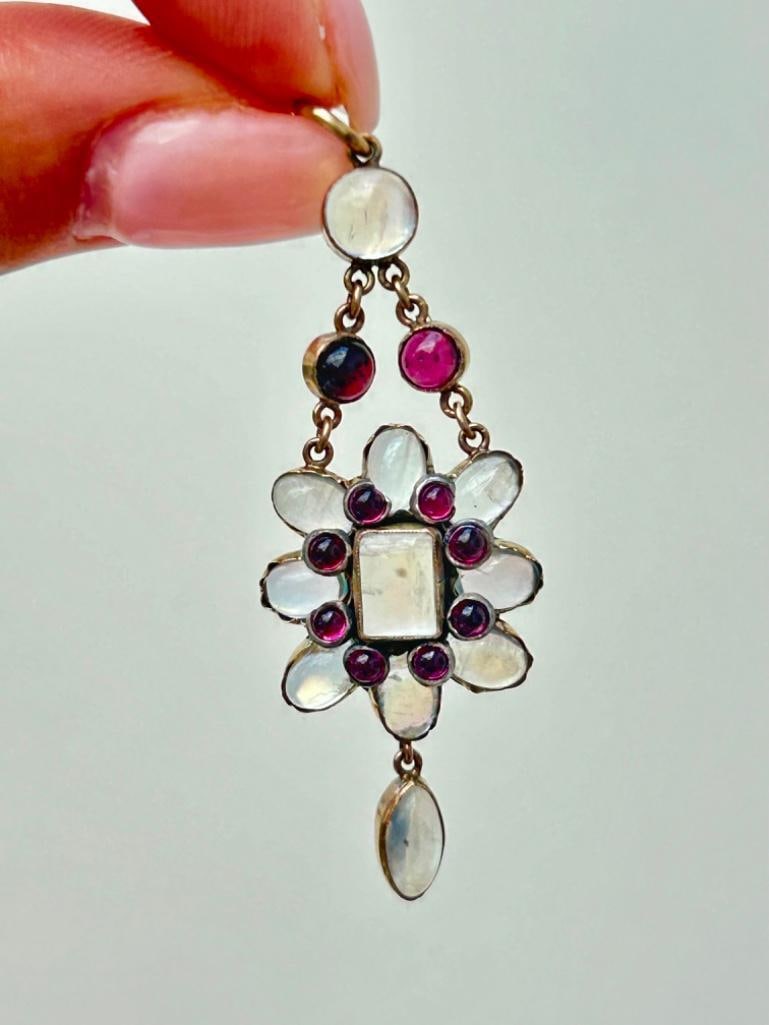 *Antique Moonstone and Ruby Gold Drop Pendant - 9