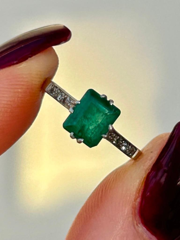 Sweet Emerald and Diamond Ring: Sweet Emerald and Diamond Ring sweetest emerald stone with diamond shoulders, delightful measurements size UK K US 51/2 head of ring 6mm x 6mm weight 1.77g stamped