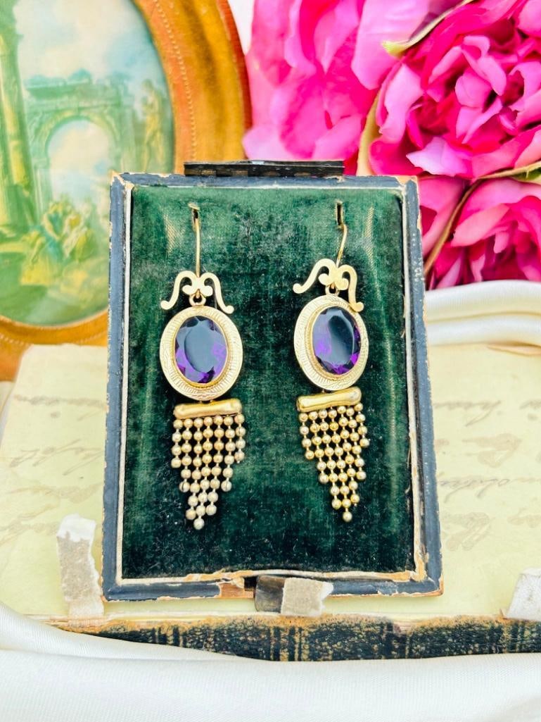Antique Boxed Amethyst and Pinchbeck Ornate Fringe Drop Earrings - 9