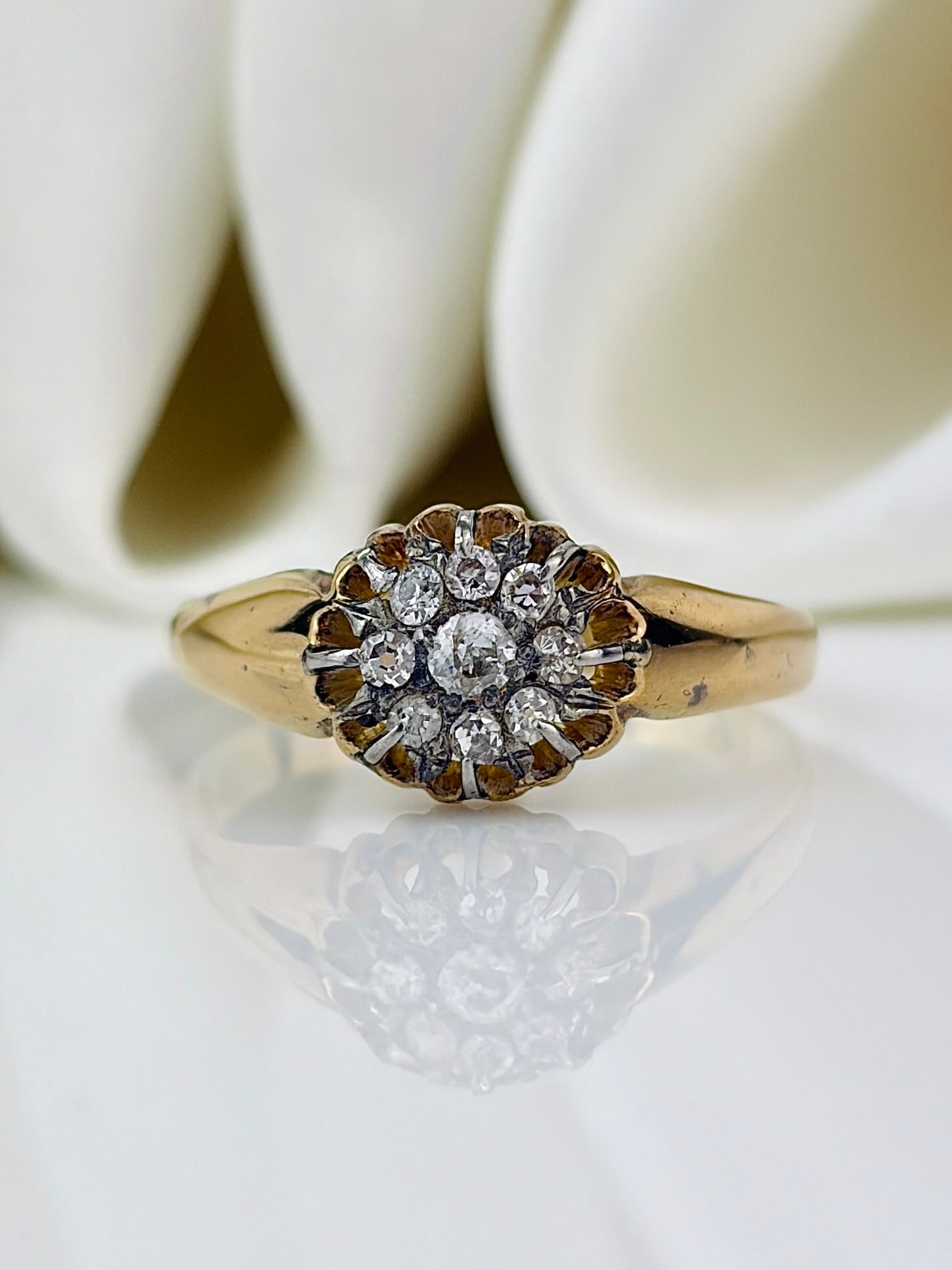 Antique 18ct yellow gold diamond cluster ring with inscription: Antique 18ct yellow gold diamond cluster ring The inscription reads 'H to J 3/9/25' Stunning buttercup set cluster ring featuring bright diamonds!