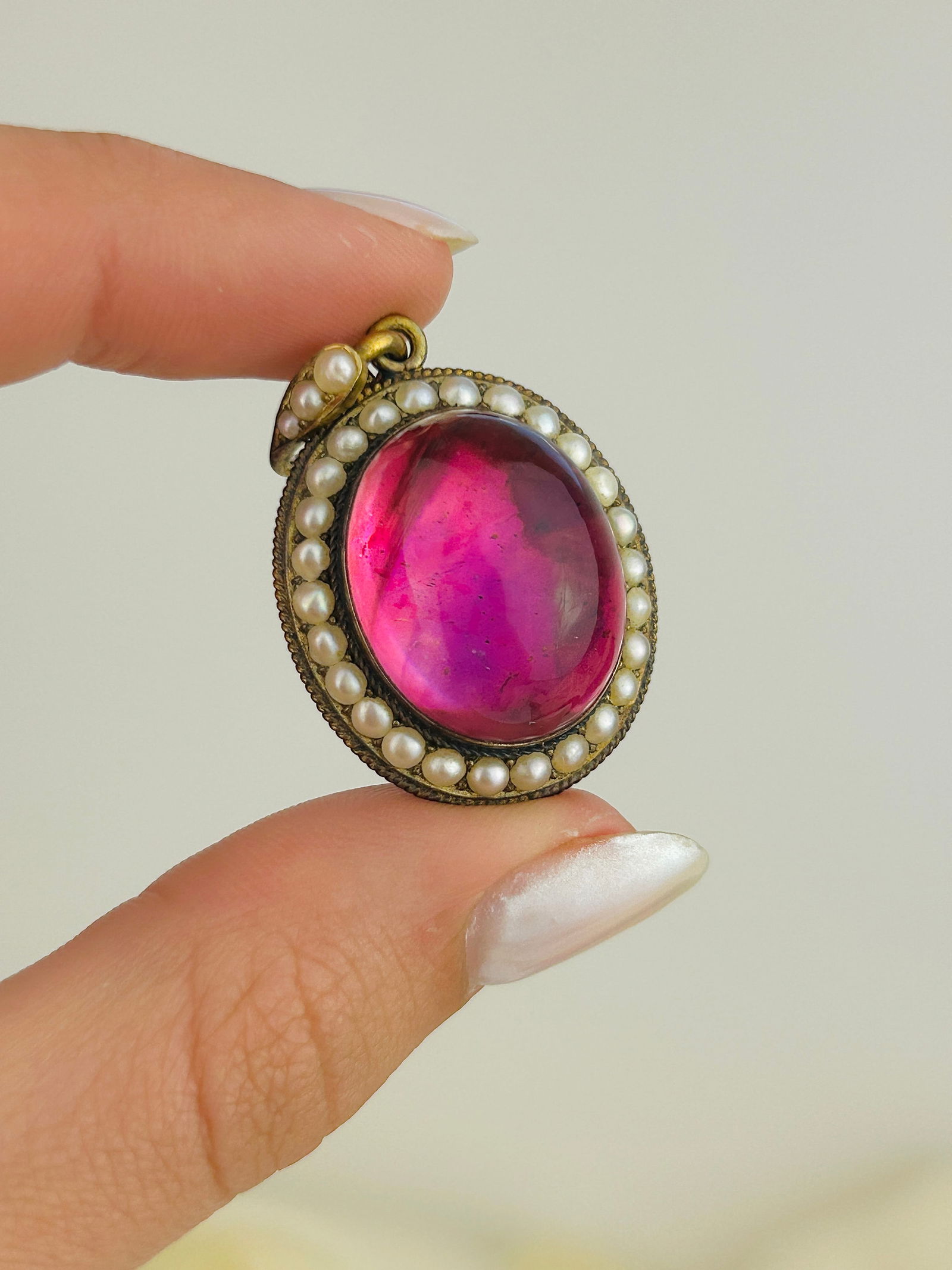 Antique Boxed Giant Foiled Back Cabochon Amethyst and Pearl Pendant in Gold - 11