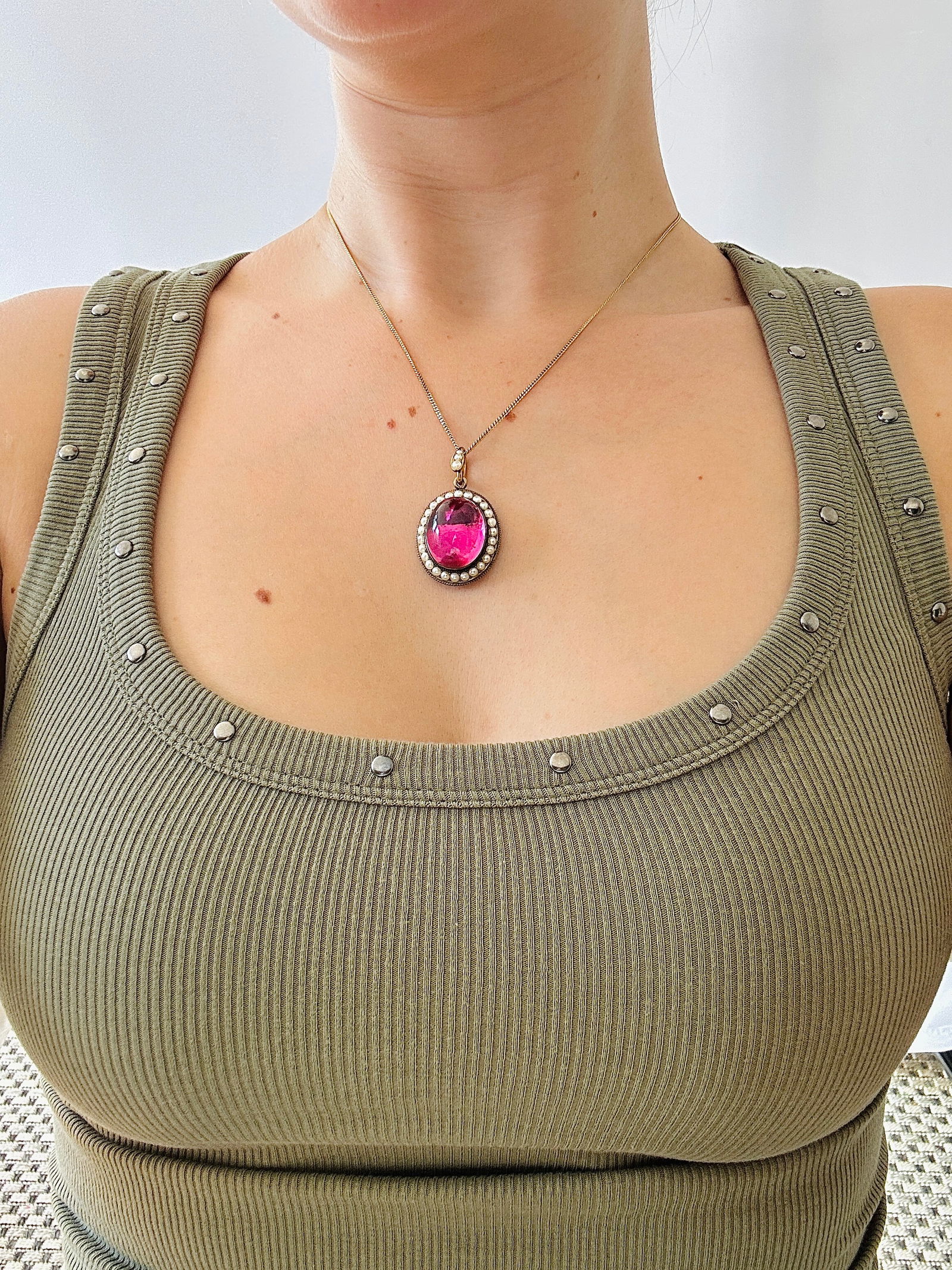 Antique Boxed Giant Foiled Back Cabochon Amethyst and Pearl Pendant in Gold - 5