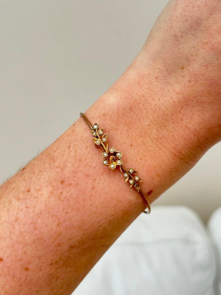 Antique Gold Pearl Bangle Bracelet - 2