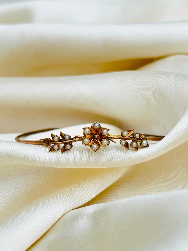 Antique Gold Pearl Bangle Bracelet - 7