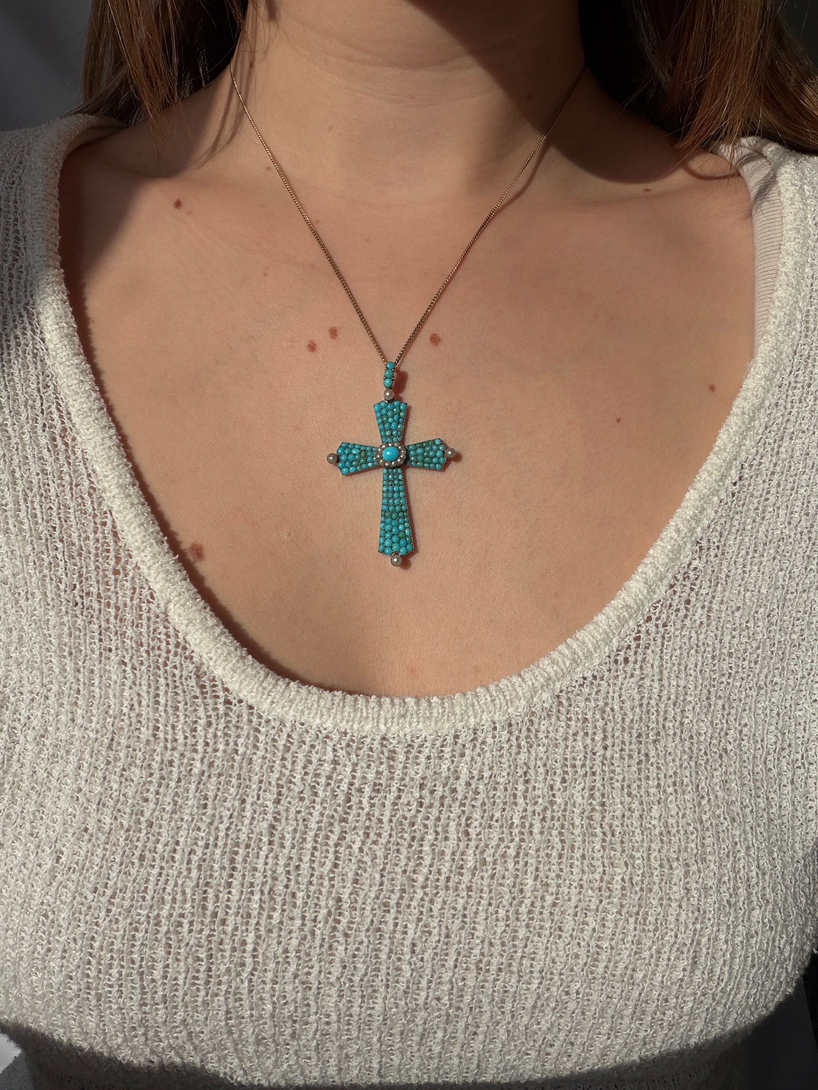 ANTIQUE TURQUOISE AND PEARL LARGE CROSS PENDANT - 2
