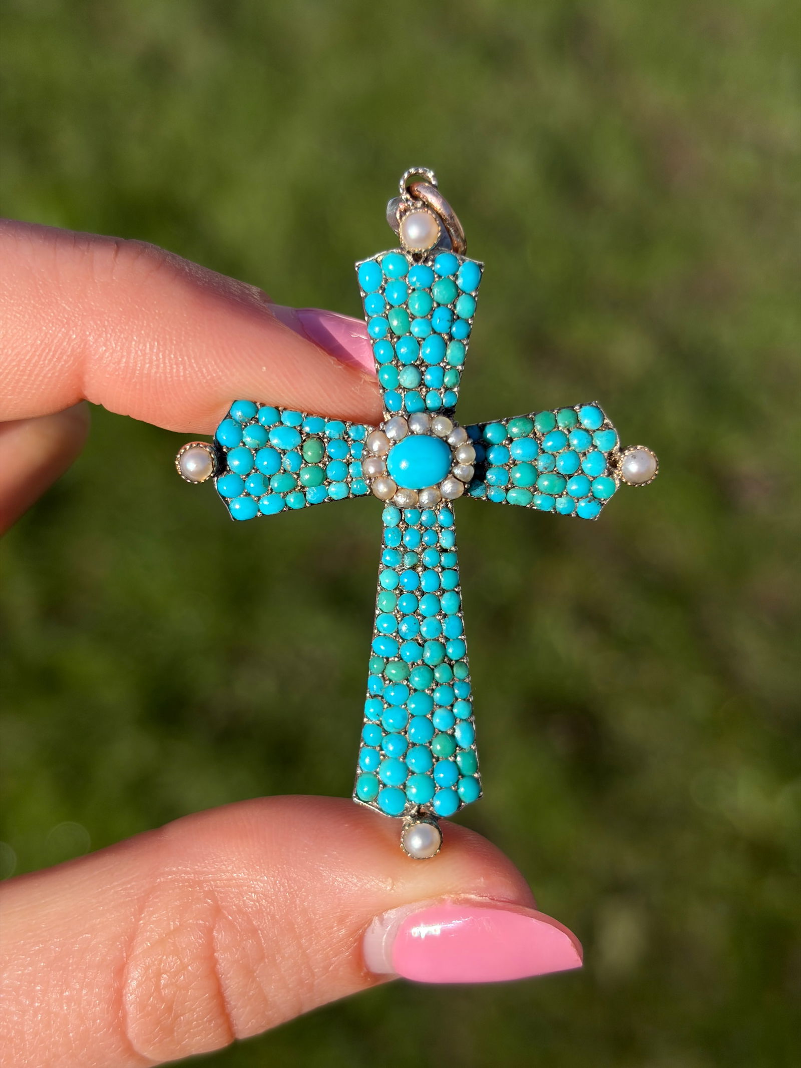 ANTIQUE TURQUOISE AND PEARL LARGE CROSS PENDANT - 4