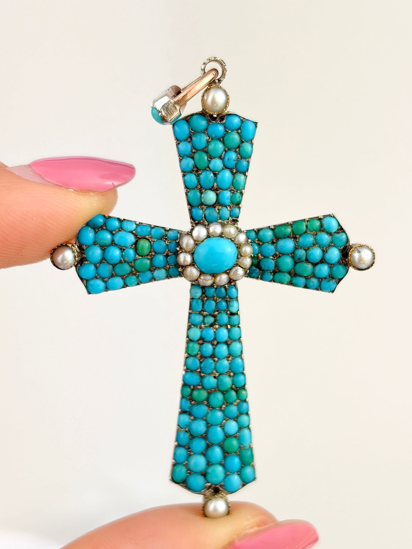 ANTIQUE TURQUOISE AND PEARL LARGE CROSS PENDANT - 5