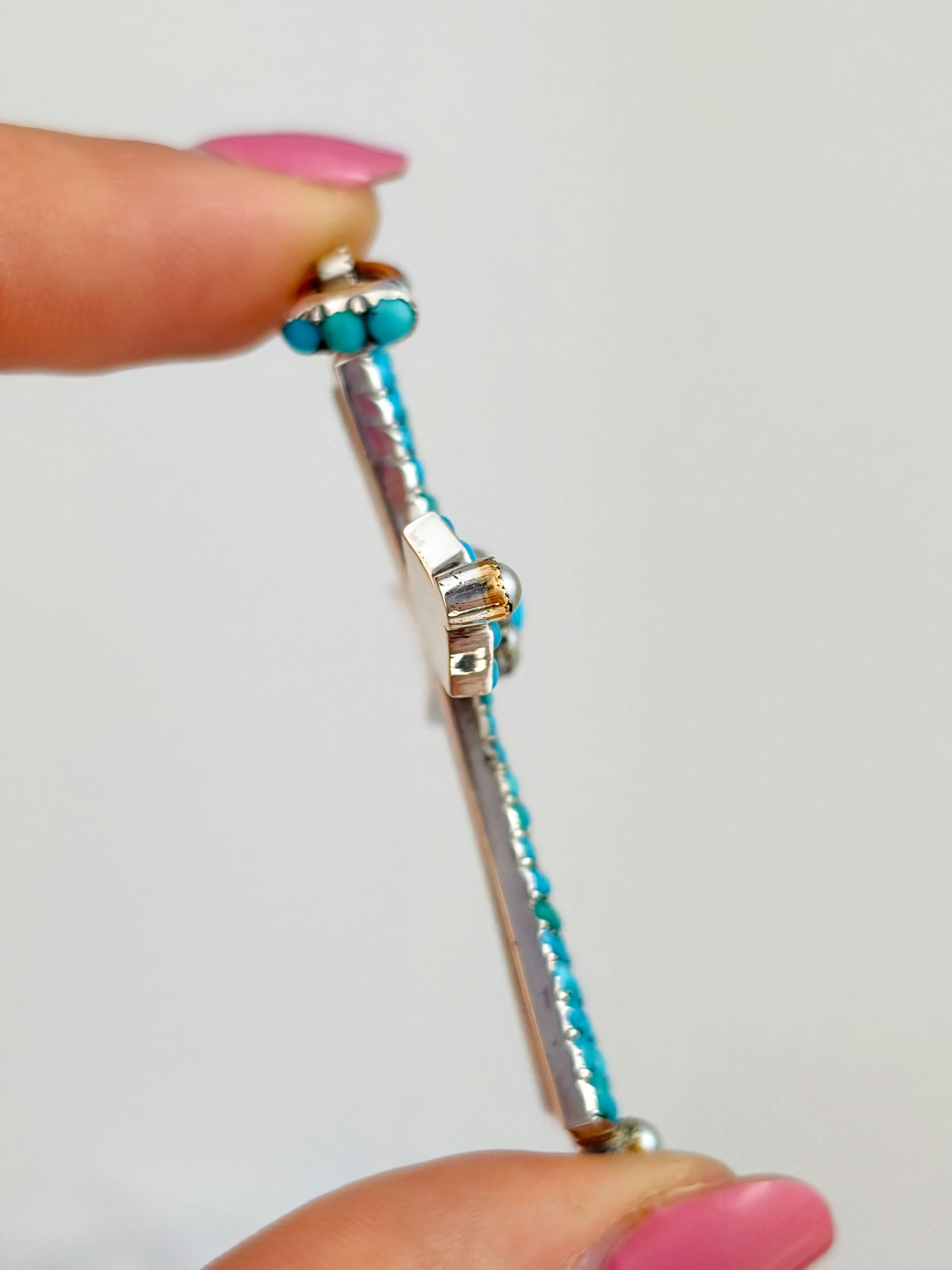 ANTIQUE TURQUOISE AND PEARL LARGE CROSS PENDANT - 6