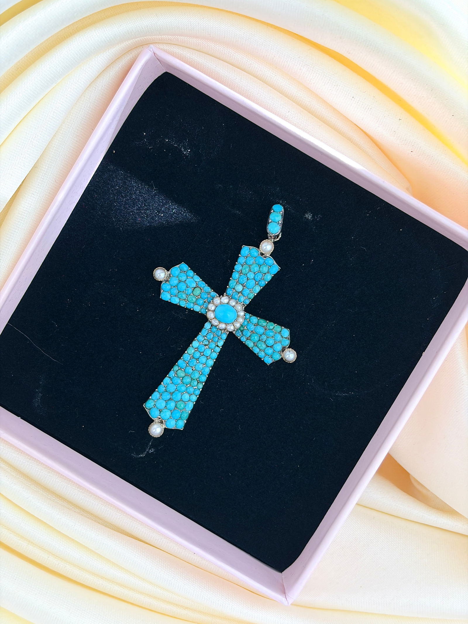 ANTIQUE TURQUOISE AND PEARL LARGE CROSS PENDANT - 8
