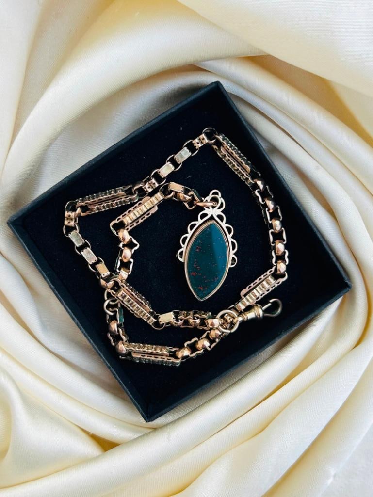 Chunky Heavy Antique 9ct Gold Starlink Chain Necklace with DogClip and Pendant - 5