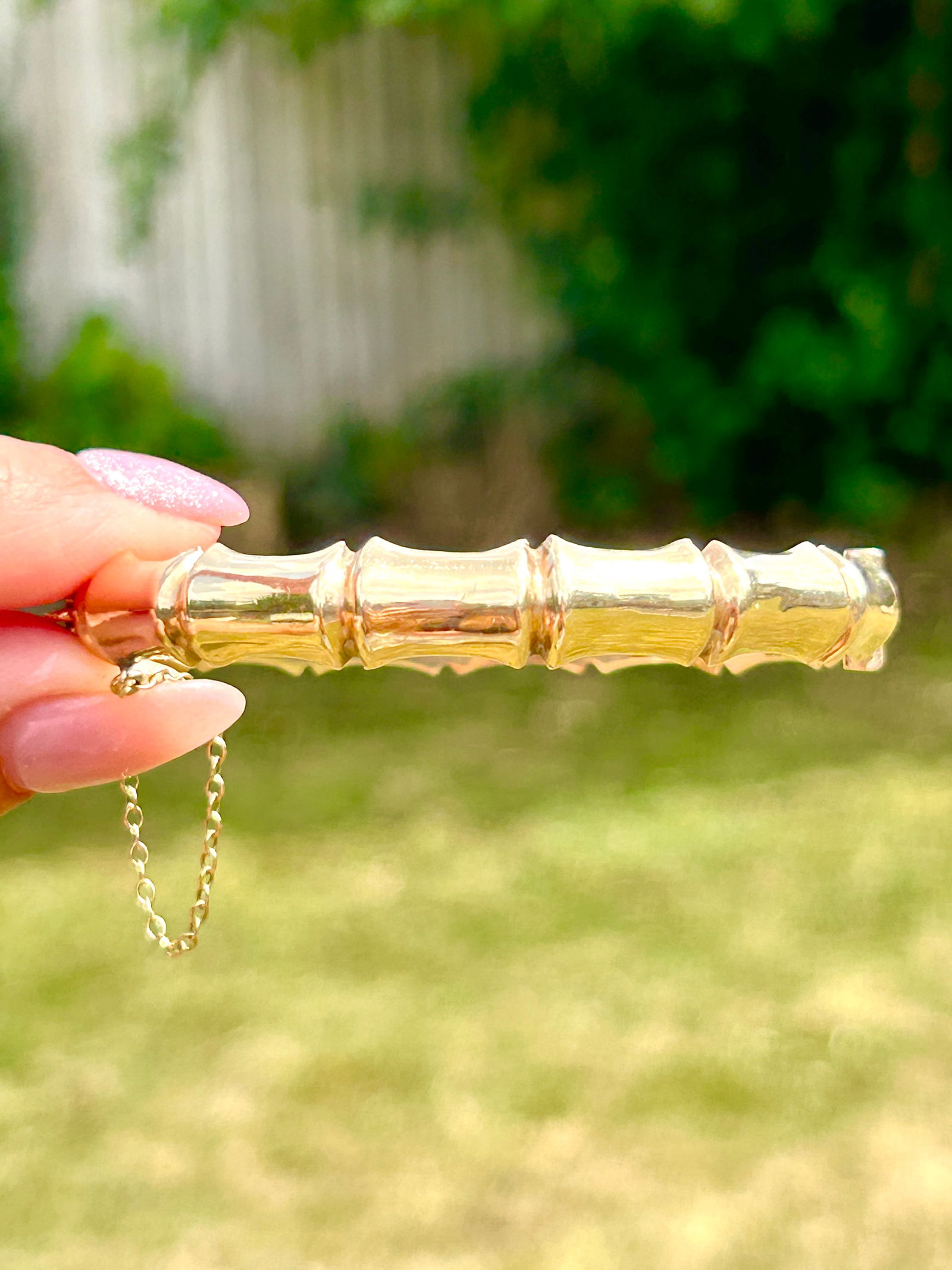 Vintage 9ct gold bamboo effect bangle / bracelet with safety chain c.1975