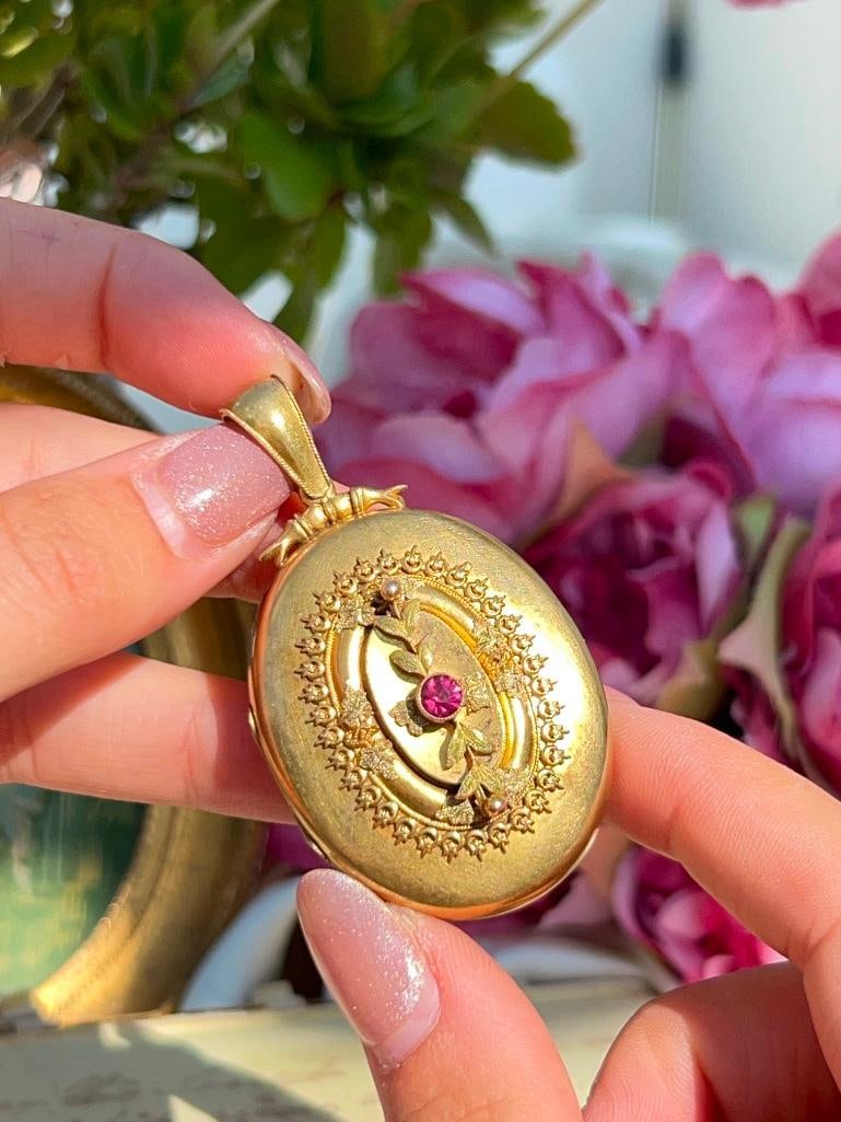 Huge / Heavy 15ct Yellow Gold Antique Ruby Front Locket Pendant - 2