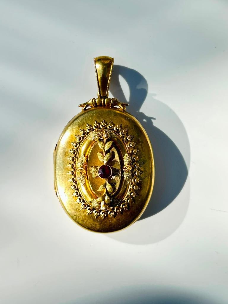 Huge / Heavy 15ct Yellow Gold Antique Ruby Front Locket Pendant - 4