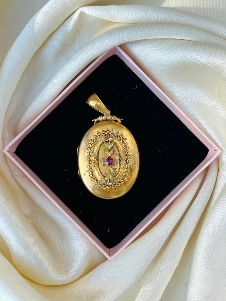 Huge / Heavy 15ct Yellow Gold Antique Ruby Front Locket Pendant - 6