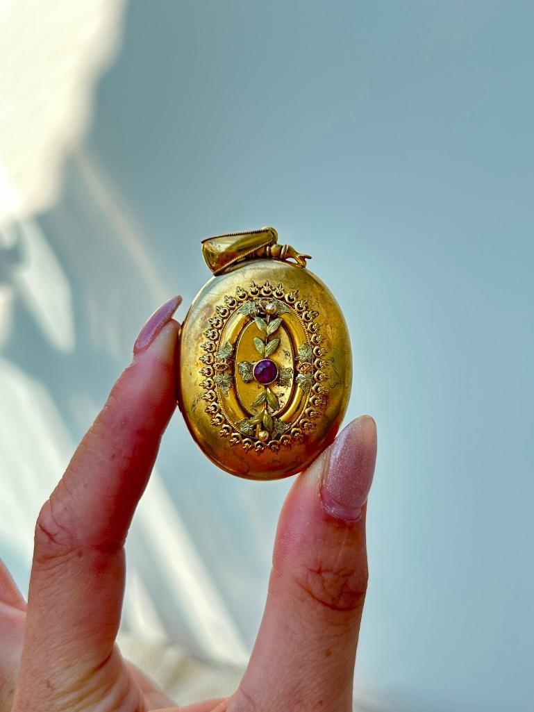 Huge / Heavy 15ct Yellow Gold Antique Ruby Front Locket Pendant - 8