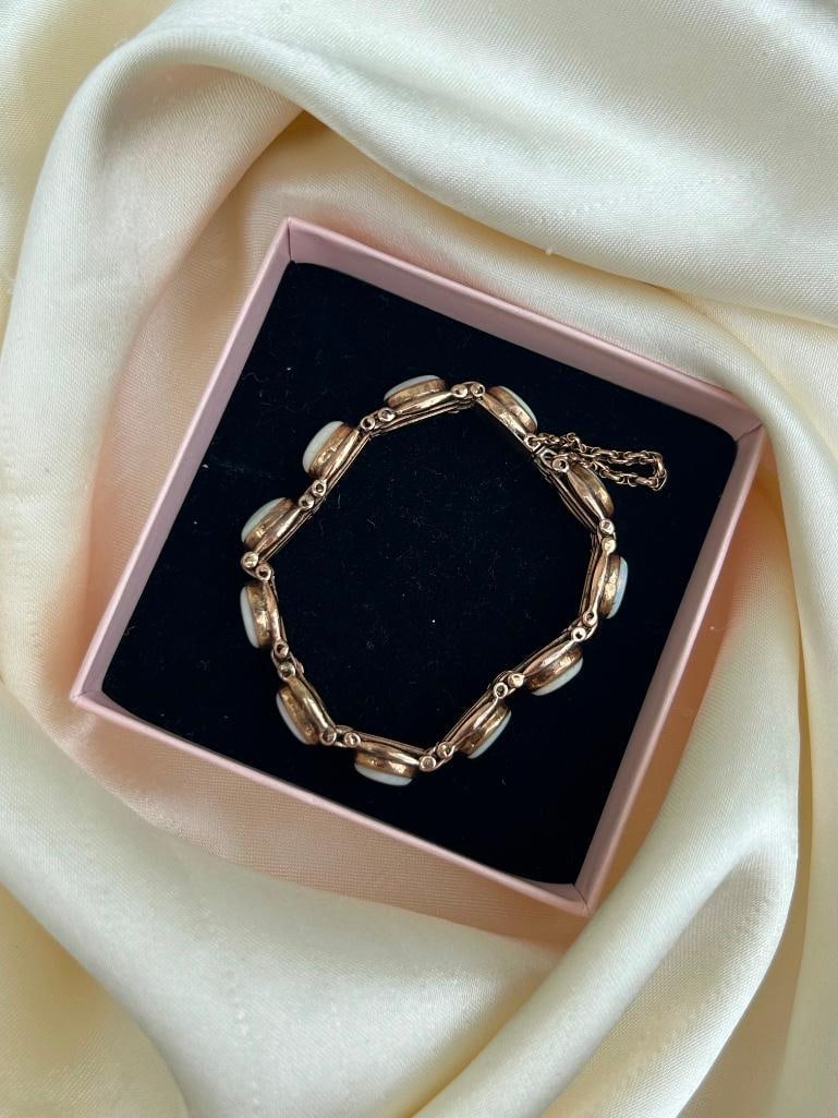 Heavy 9ct gold cabochon opal bracelet with safety chain - 5