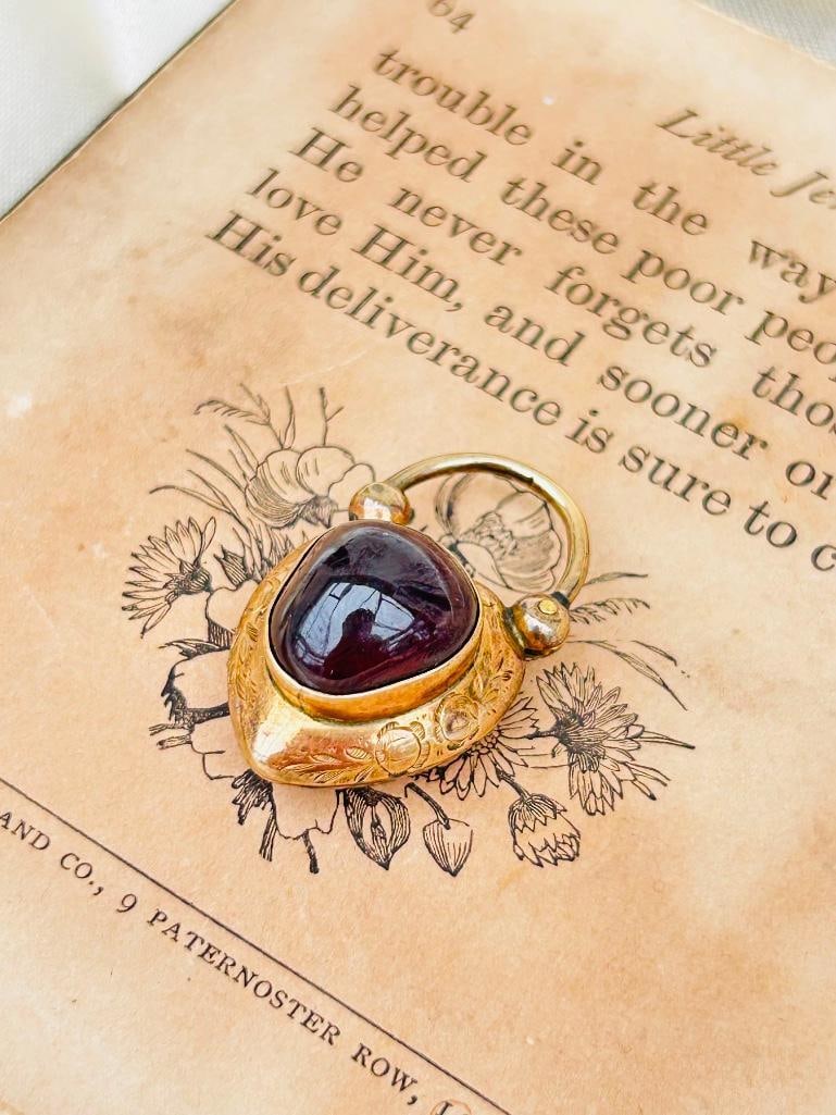 Chunky Antique Cabochon Garnet and Gold Padlock with Locket Back - 2
