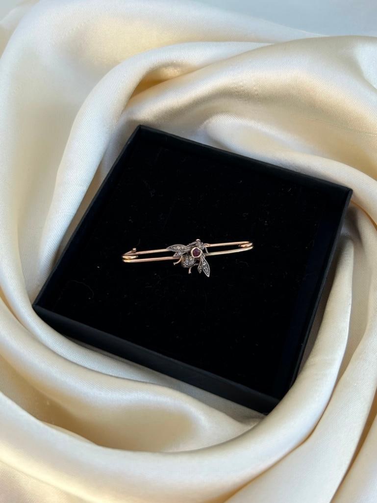 Gold Safety Pin with Rose Cut Diamonds Bug Design - 7
