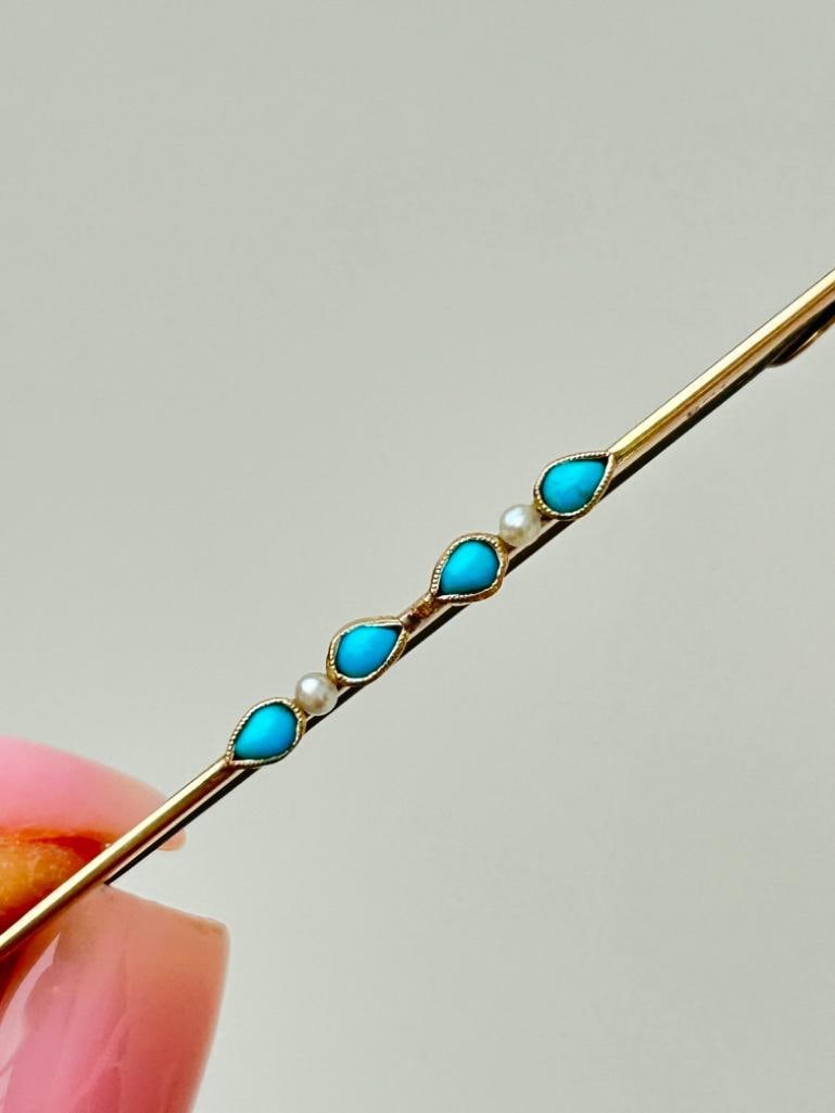 Antique Gold Pearl and Turquoise Bar Brooch Pin with Safety Chain: Antique Gold Pearl and Turquoise Bar Brooch Pin with Safety Chain beautiful measurements size 57mm x 2mm weight 1.91g materials gold, pearl and turquoi