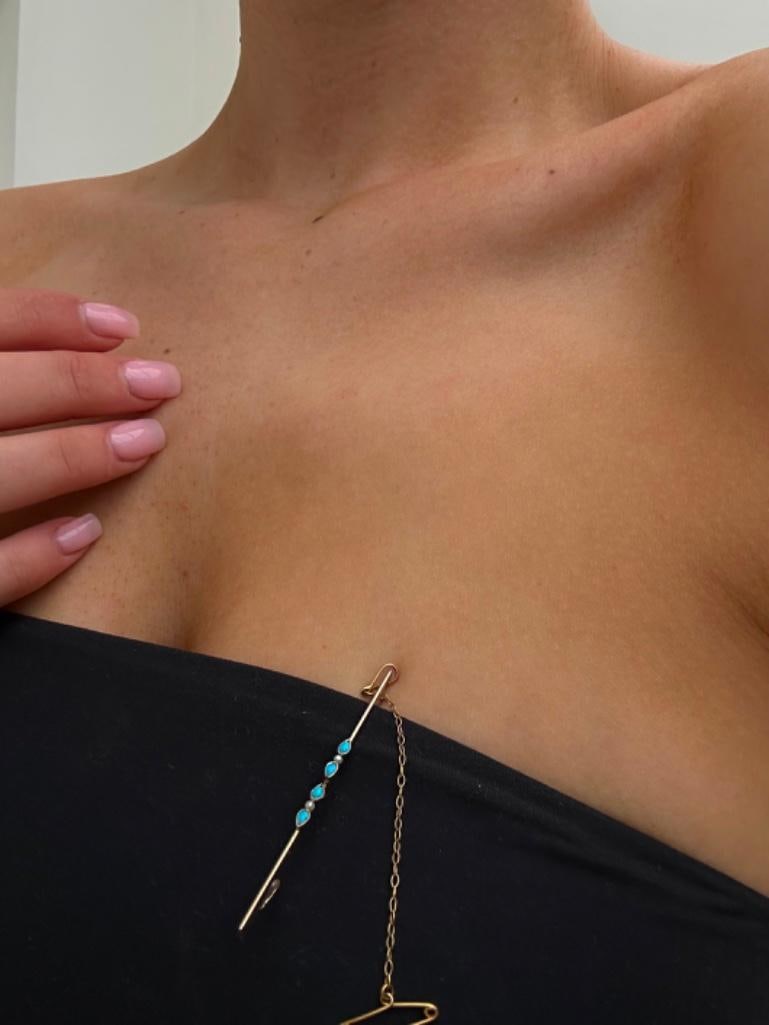 Antique Gold Pearl and Turquoise Bar Brooch Pin with Safety Chain - 2