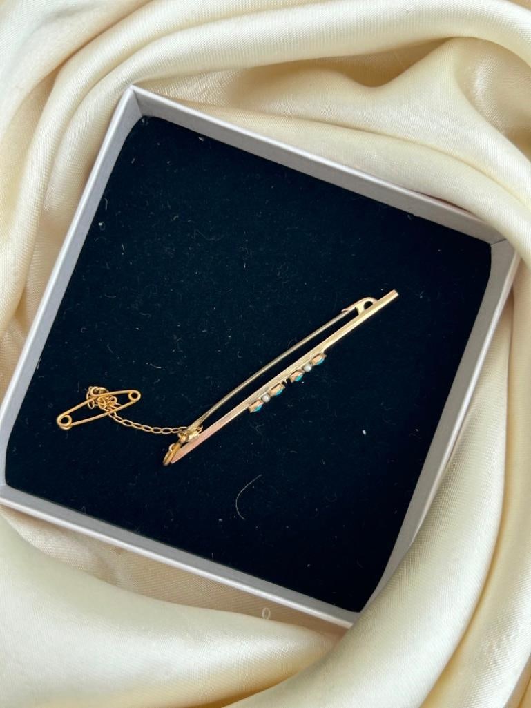 Antique Gold Pearl and Turquoise Bar Brooch Pin with Safety Chain - 4
