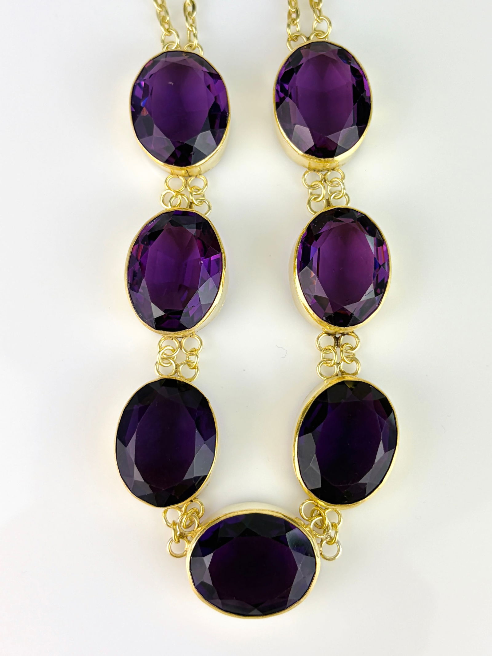 Chunky Antique Purple Paste Necklace in Silver Gilt: Chunky Antique Purple Paste Necklace in Silver Gilt Weight: 41.5g Size: length 42.5cm, width 16mm, depth 7mm Materials: Silver gilt Hallmarks: None present Condition: The overall