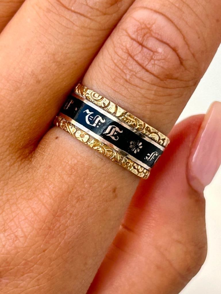 Antique C.1845 Black Enamel Mourning Band Ring in 18ct Gold: Antique C.1845 Black Enamel Mourning Band Ring in 18ct Gold inscription ‘John Father March 28th 1845 aged 76” measurements ring size UK P1/2 US 8 band width 8mm <