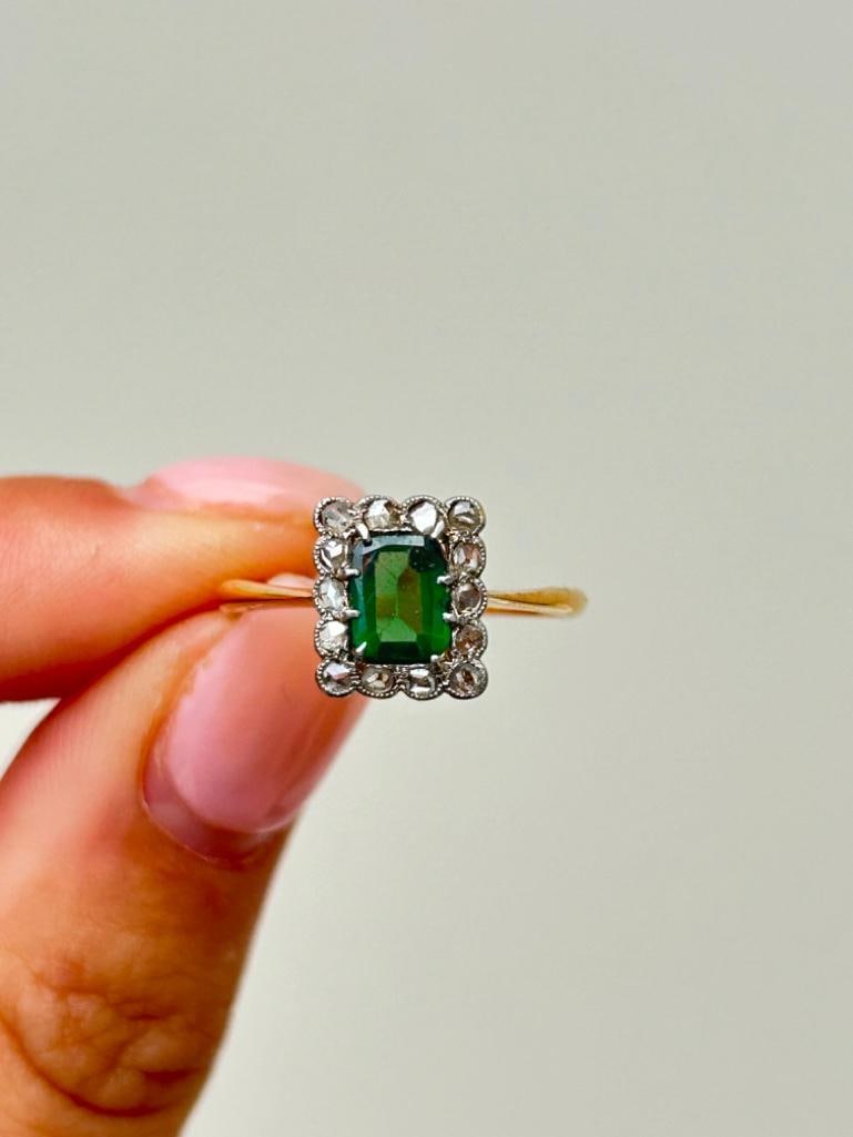 *18ct Yellow Gold and Platinum Green Tourmaline and Diamond Panel Ring - 4