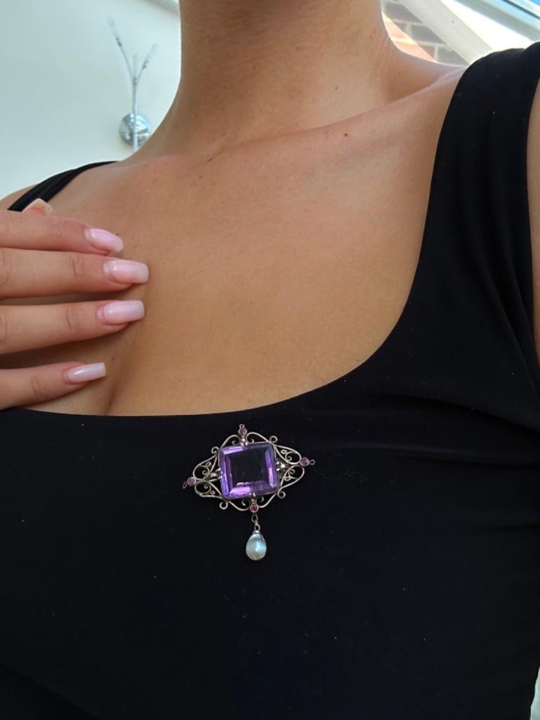 Large Antique Multistone Gold Brooch - 2