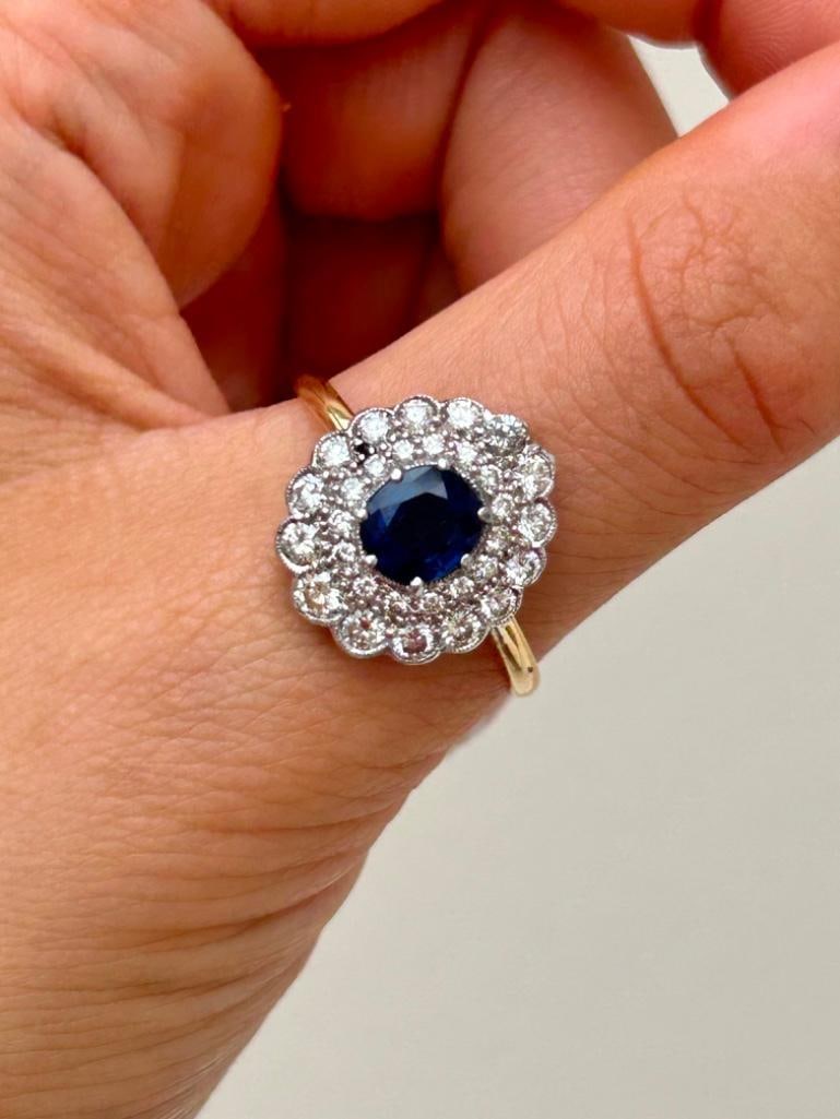 Large 18ct Yellow Gold Sapphire and Diamond Cluster Ring - 2