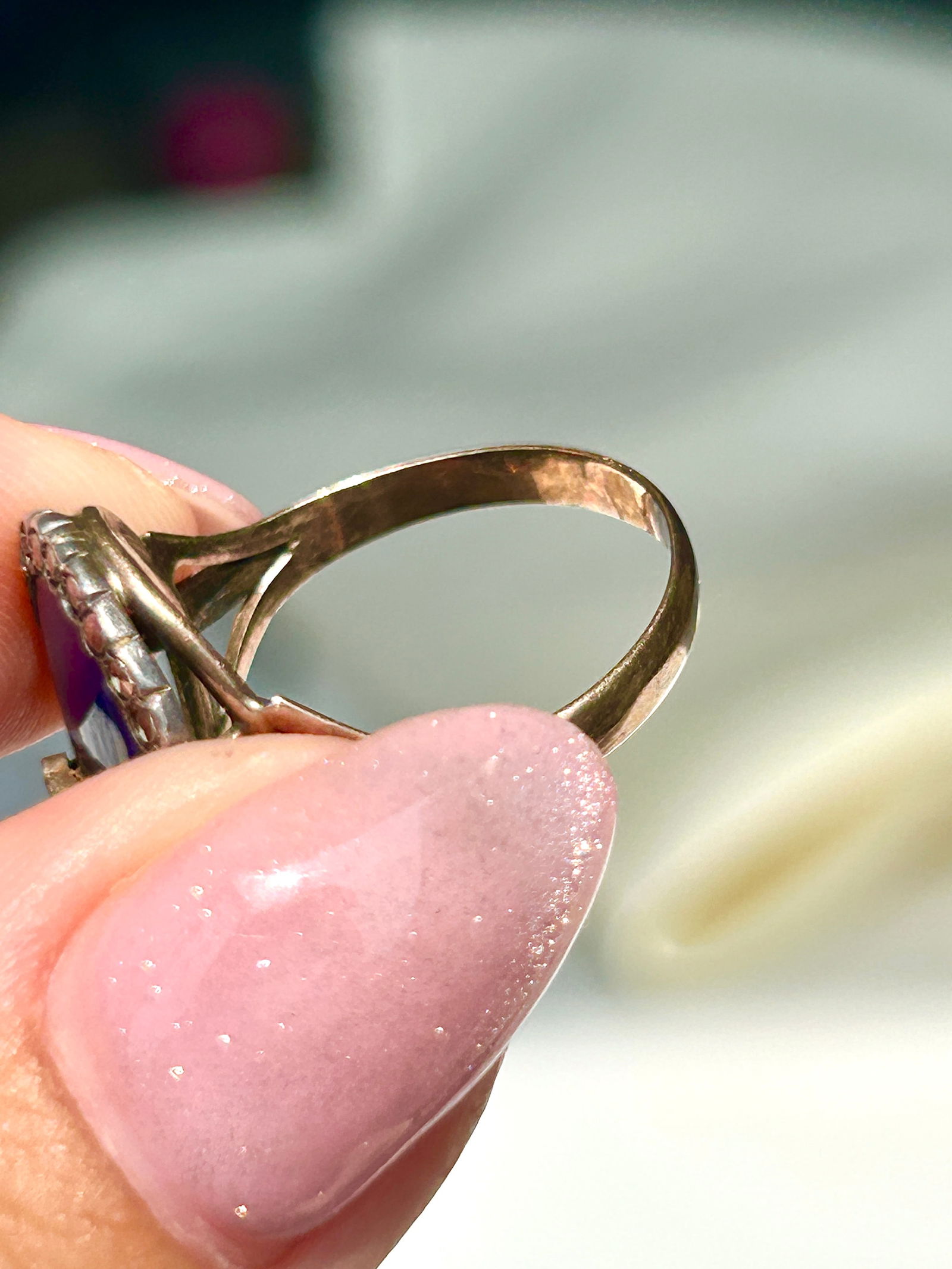 large antique blue enamel and marcasite gold ring - 5