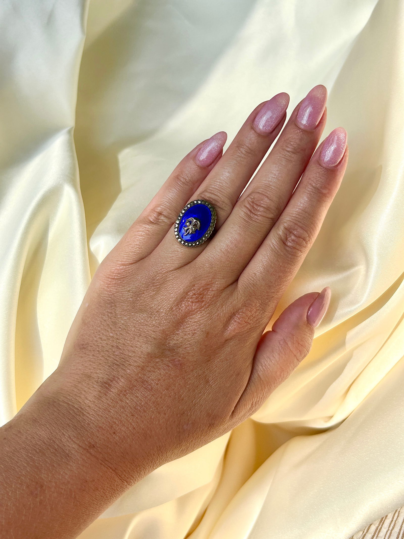 large antique blue enamel and marcasite gold ring - 6