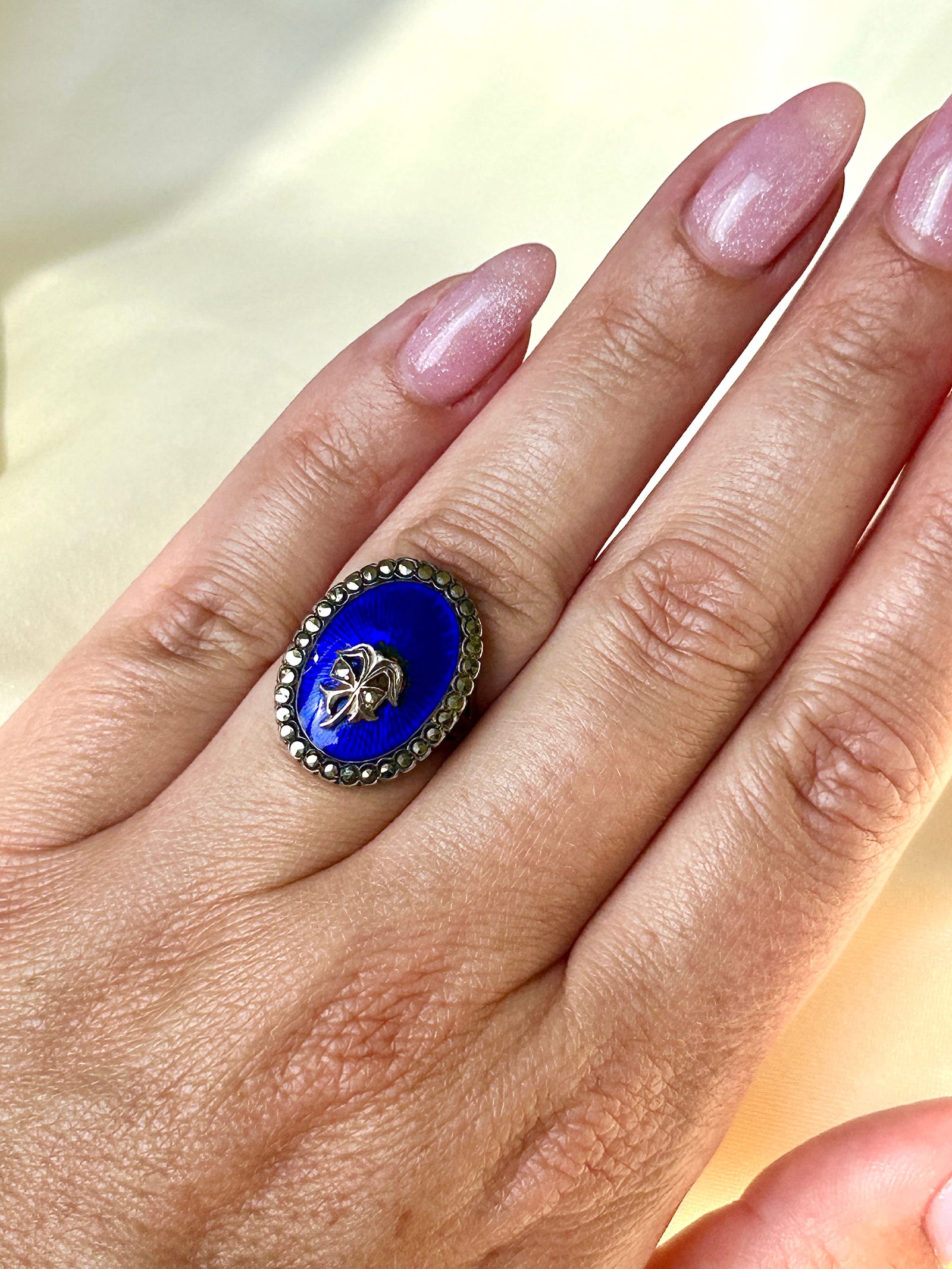 large antique blue enamel and marcasite gold ring - 7